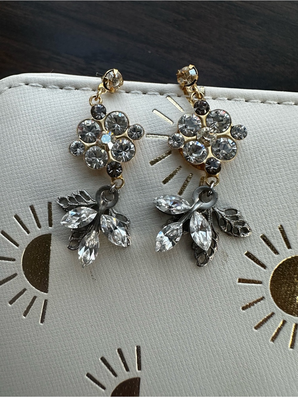 Crystal Floral Botanical Drop Earrings Mixed Metal Statement Dangle